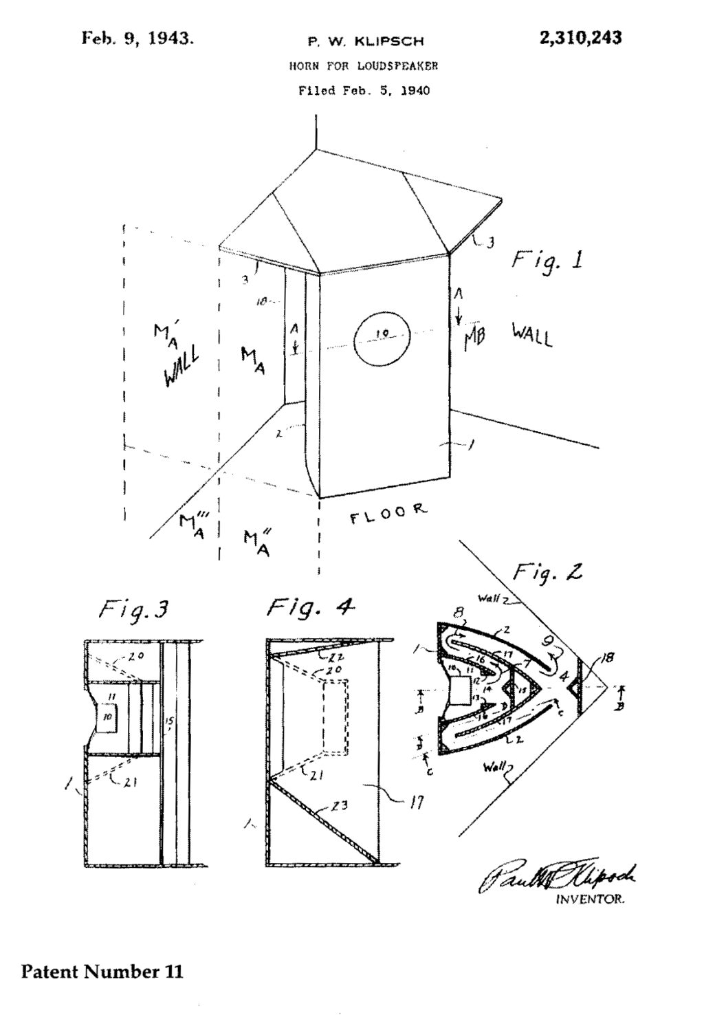 Klipschorn 專利申請，1943 年 2 月。